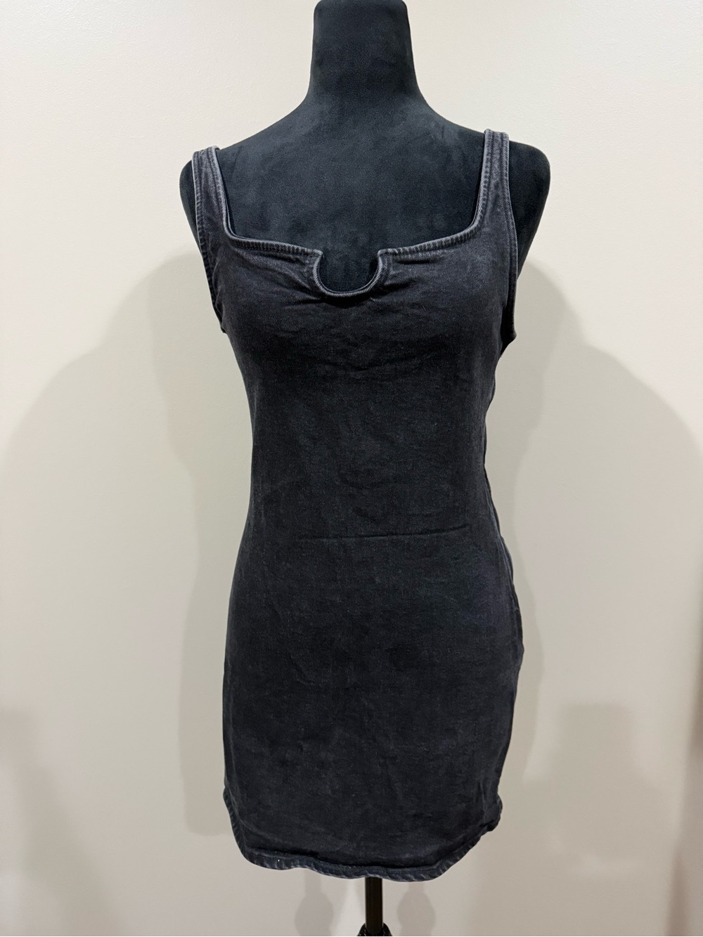 Zara Black Denim Mineral Wash Notch Neck Bodycon Mini Dress